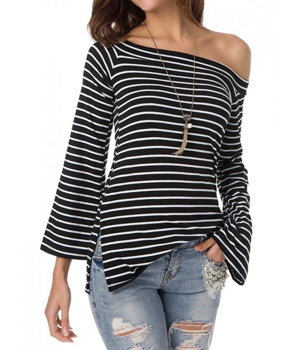 Womens Long Sleeve Shirts Pullover Off Shoulder Stripe Blouse Top ...