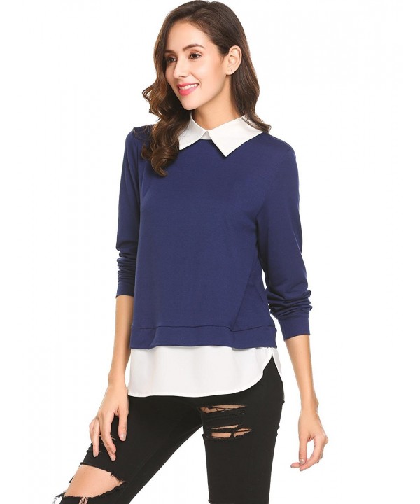 Women's Casual Color Block 2 In 1 Lapel Collar Sweatshirt Pullover Tops ...