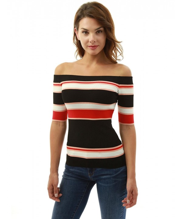 Women's Color Block Off Shoulder Knit Top - Black- White and Red ...