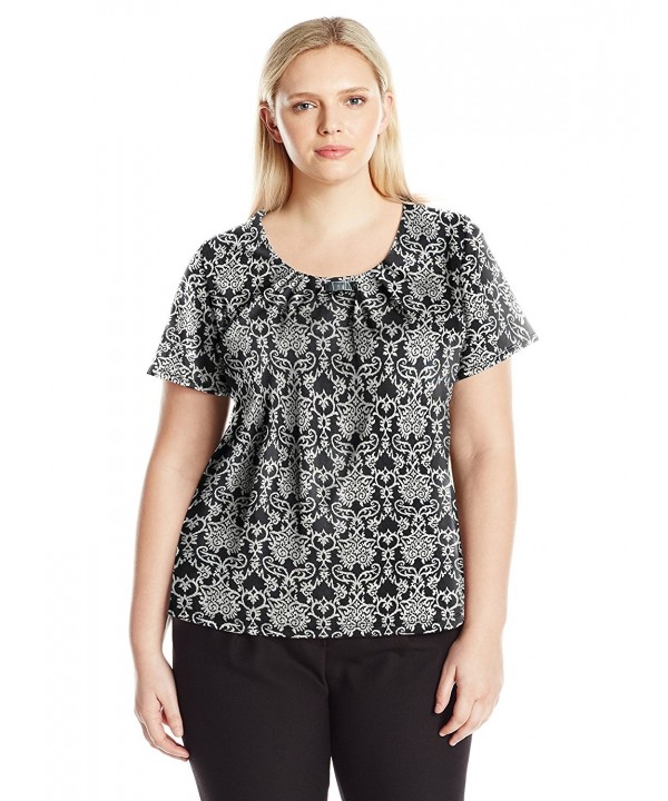 Women's Plus Size Short Sleeve Scoop Printed Knit Pullover With Trim At ...