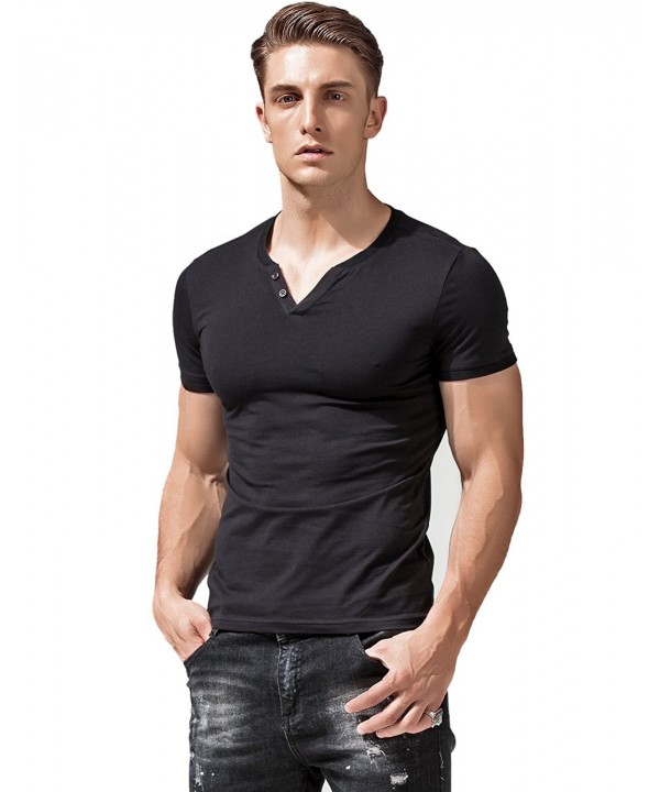 Mens Short Sleeve V Neck Henley Shirts Slim Fit Casual Tee Black