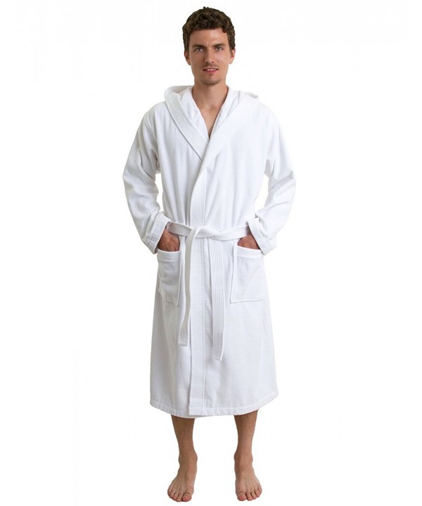 Men's Robe- Hooded Terry Velour Cotton Bathrobe Made in Turkey - White ...