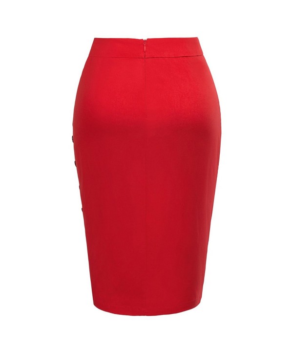 Women Bodycon Stretchy Pencil Skirt With Button - Red - C3180ET3E49