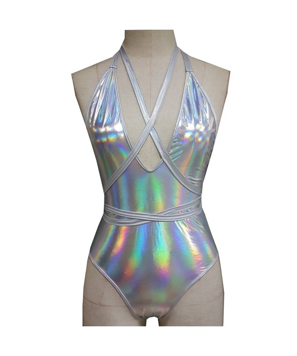 Silver Holographic Women Multi Way Wrap Bodysuit One Piece Swimsuits (L ...