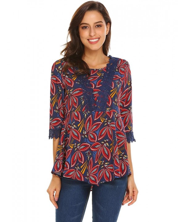 Women's Print Lace Splice 3/4 Sleeve Flared Blouse Tunic Top - Navy ...