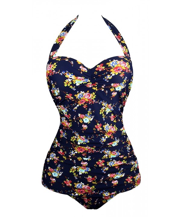 Womens Vintage 50s Swimsuit One Piece Bathing Suit - Navy Floral ...