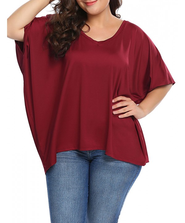 Womens Plus Size V Neck Batwing Short Sleeve Summer Casual Loose Tee Shirts Tops Wine Red 9767