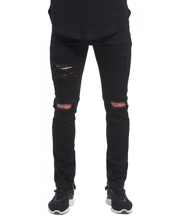 Men's Side Ankle Zipper Skinny Ripped Stretch Destroyed Jeans - Black ...
