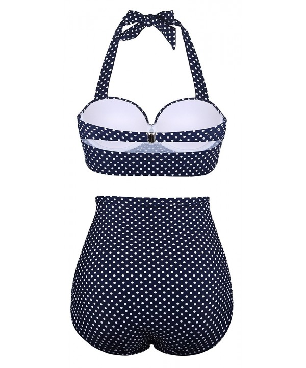 Women Vintage Swimsuits High Waisted Bikinis Bathing Suits Retro Halter Underwired Top Navy 