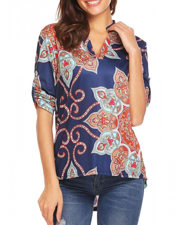 Women Casual Split V Neck Cuffed 3 4 Sleeve Floral Print Loose Tunic ...