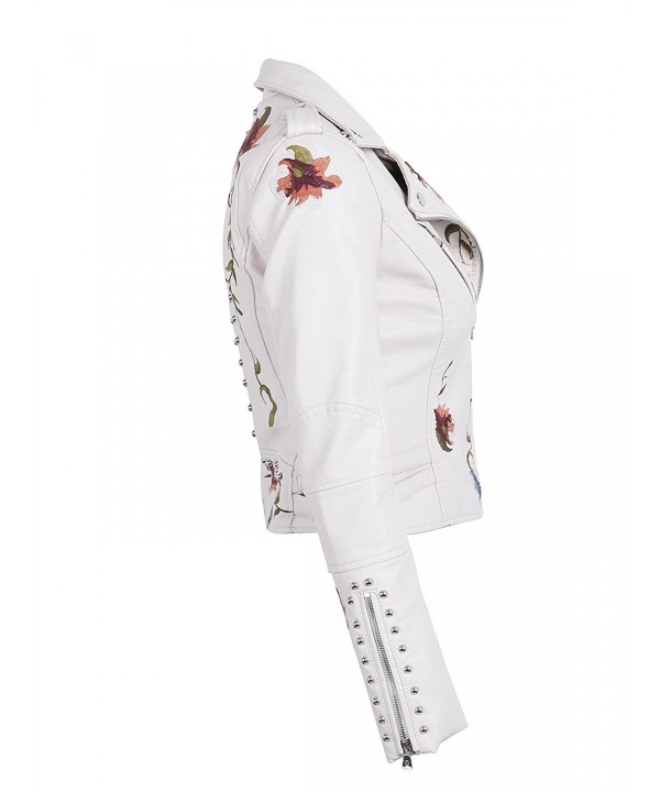 Womens Long Sleeves Faux Leather Zipper Jacket Coat Embroidery Floral Pu Leather Outwear 