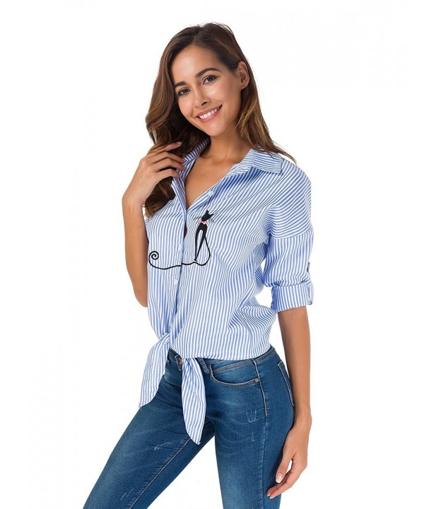 Womens Tie Front Knot Tops Shirts Cat Button-Down T-Shirt Cute Blouse ...