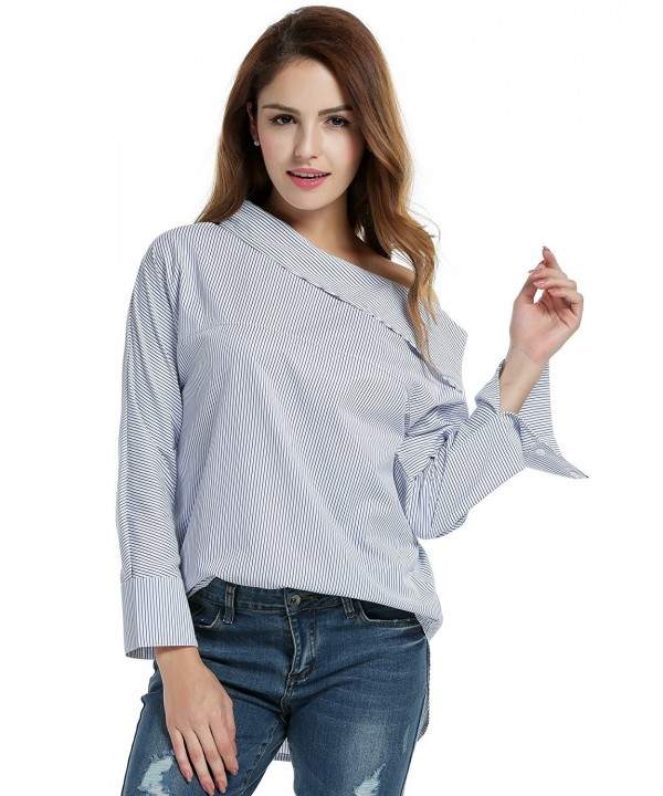 Women's Striped Off Shoulder Long Sleeve Casual Shirt Blouse Tops ...