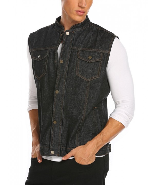 Men's Casual Sleeveless Hidden Zipper Lapel Denim Vest Jacket - Black ...