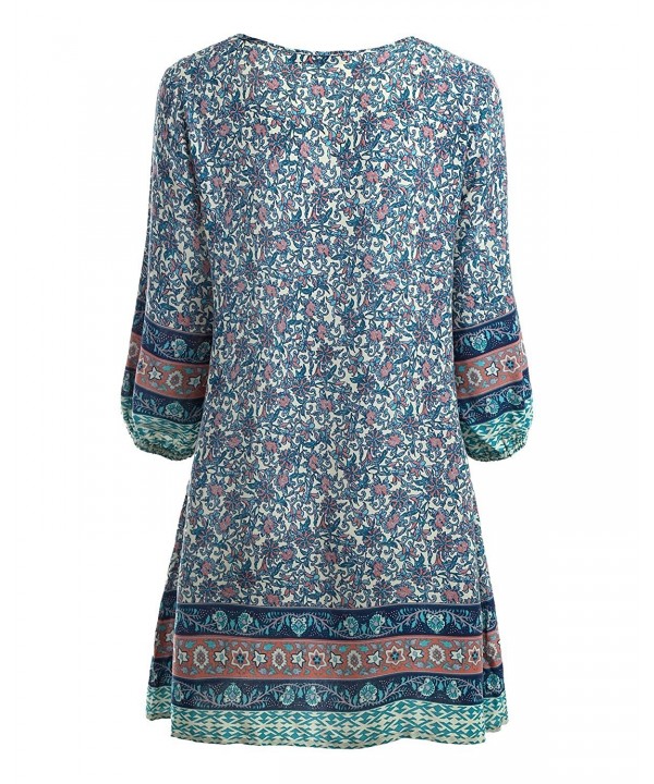 Women's Tied V-Neck Ethnic Printed Casual Mini Dress - Blue Floral ...