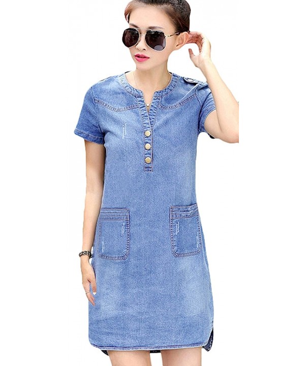 Women's Vintage Fitted V-Neck Short Sleeve Denim Dress - Light Blue ...