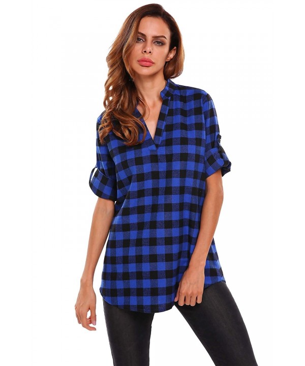 Women's 3/4 Cuffed Sleeve V-Neck Pullover Plaid Top T-Shirt Blouse ...