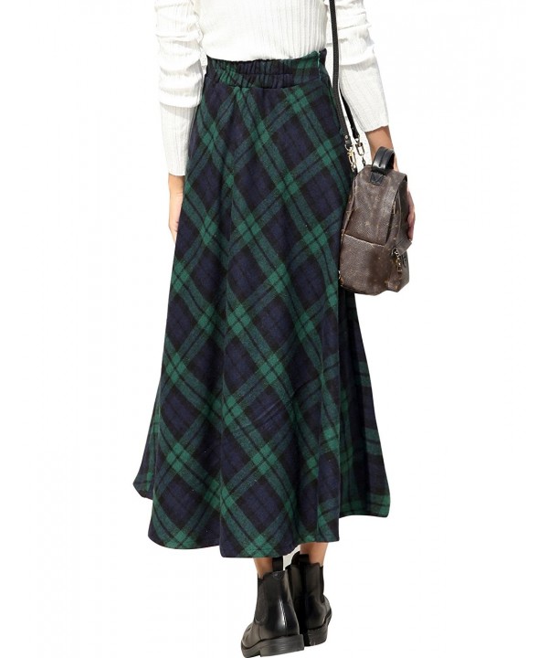 Womens High Elastic Waist Maxi Skirt A-line Plaid Winter Warm Flare ...