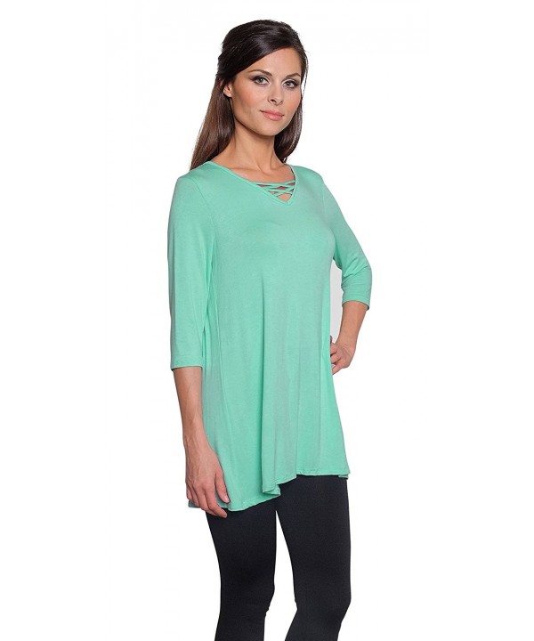 Women's Elbow Sleeve Lace Up Front Tunic - Made In USA - Aqua - CL17Z2DK7TD