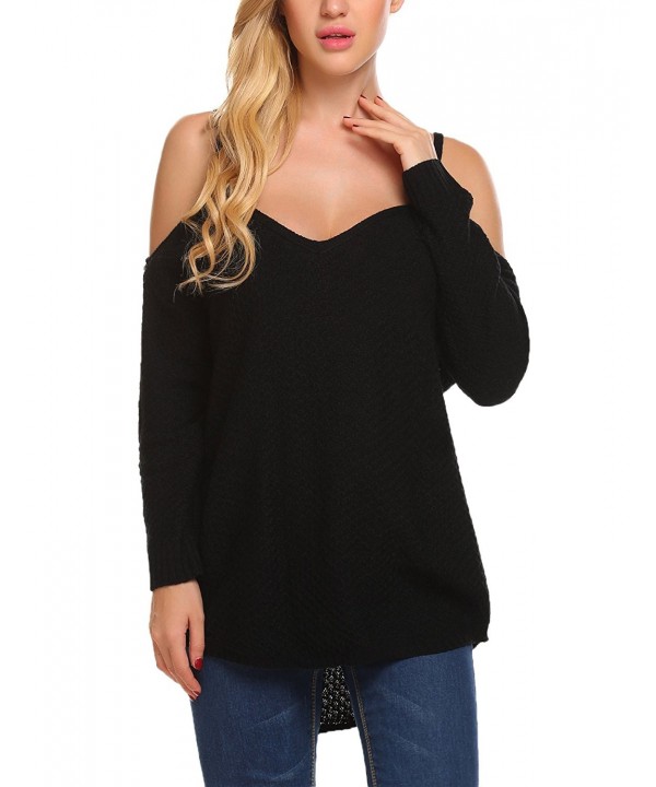 Womens Long Sleeve Cold Shoulder Oversized Knitted Sweater Tunic Tops ...