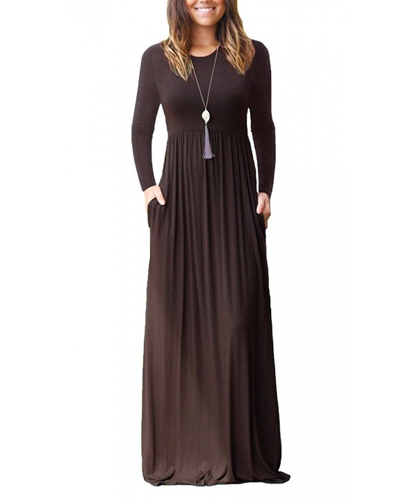 Women's Casual Long Sleeve Plain Maxi Dress With Pockets - Coffee ...