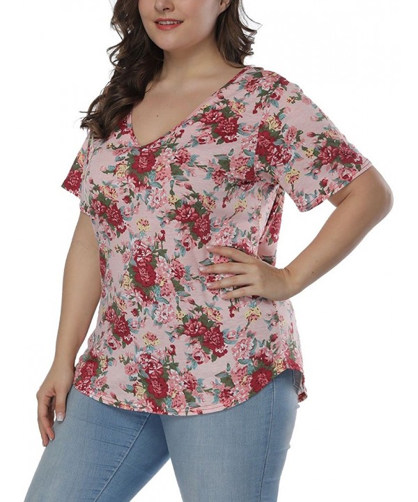 Women Plus Size Sexy V Neck Floral T Shirt Short Sleeve Printed Tee Top Pink Cj180emdg80 