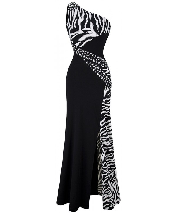 Women's One Shoulder Zebra Gemstones Splicing Evening Dress - Black ...