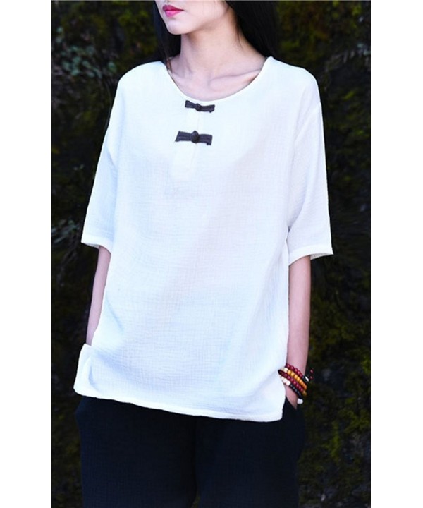 Women's Chinese Frog Button Cotton Linen Blouses Short Sleeve Tops ...