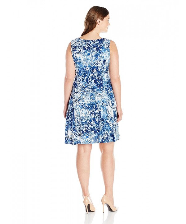 Women's Plus-Size Sleeveless V-Neck Godet Printed Dress - Blue/Whiff ...