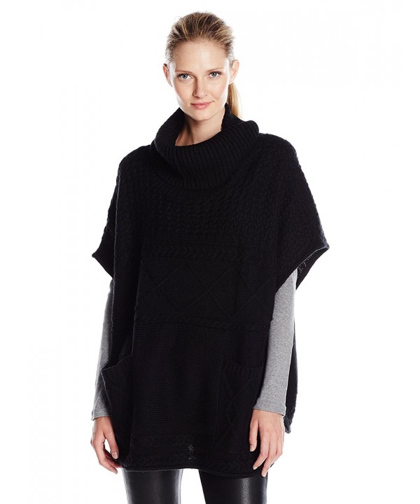 Women's Turtle Neck Poncho with Cable Stitches - Black - CK12F48V2XX