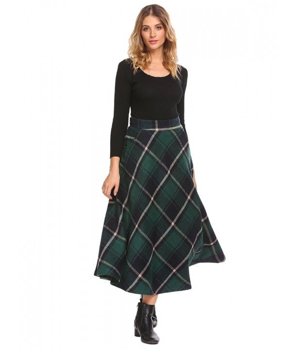 Women's Wool Tartan Elastic High Waisted Plaid Maxi Skirts - Green ...