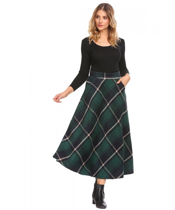 Women's Wool Tartan Elastic High Waisted Plaid Maxi Skirts - Green ...