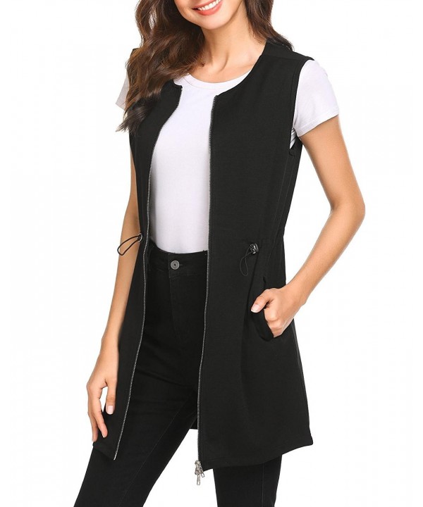 Womens Long Sleeveless Zipper Vest Jacket Collarless Cardigan Blazer Black Ci180ekzt49