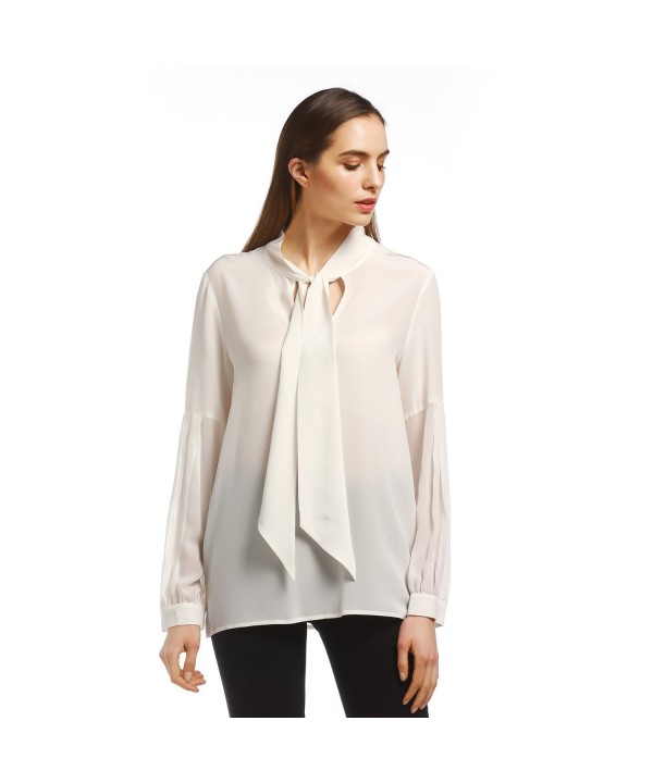 N.C.F. Women's Silk Patchwork Long Sleeve Bow Blouse Soft Shirt - White ...